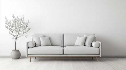 Fototapeta premium A white couch placed in a minimalistic room with plain white walls