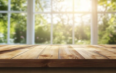 Sunny wooden table near window with blurred green garden background.