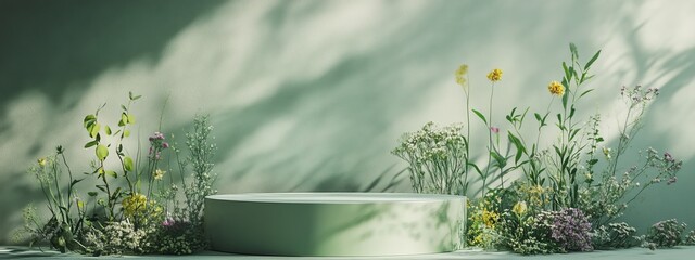 Cylindrical platform with wildflowers and soft light.