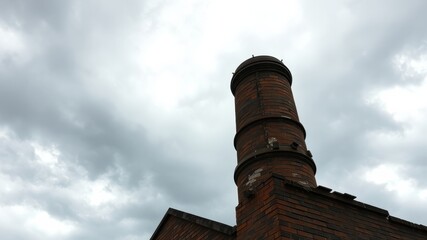 A weathered brick chimney stands tall against a brooding sky