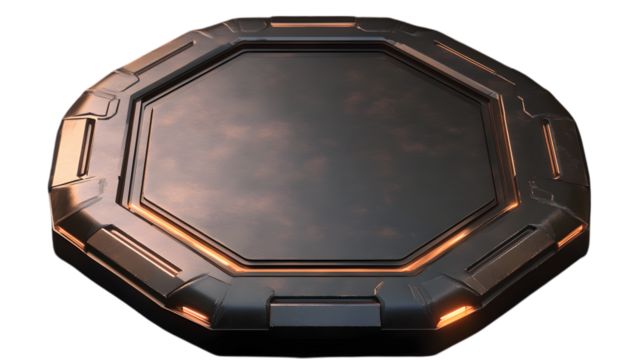 Octagonal metallic platform with subtle reflective textures and intricate details, suitable for futuristic designs. Isolated on transparent background