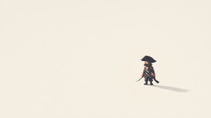 A miniature pirate figure stands alone on a white background, casting a shadow.