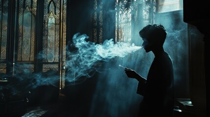 Silhouetted person smoking in a dimly lit gothic room.