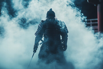 Naklejka premium Samurai Warrior in Misty Environs: A Dramatic Silhouette of a Japanese Swordsman