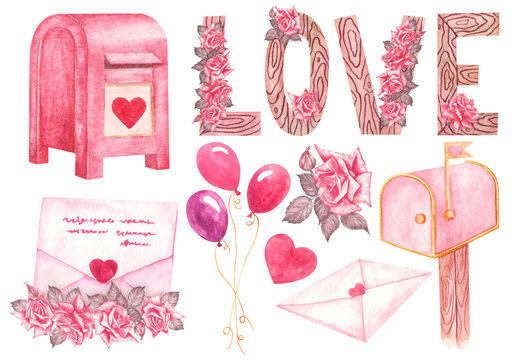 A set of hand-painted watercolor illustrations on the theme of love letters, messages, confessions. Hand-painted illustrations of mailboxes, letters and balloons. Decor for Valentine's Day