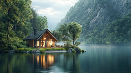 Fototapeta premium Secluded cabin, serene lake, mountain backdrop.