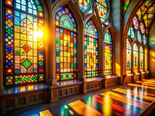 Obraz premium Vibrant Stained Glass Sunlit Window, Colorful Glass Panels, Artistic Tilt-Shift Photography