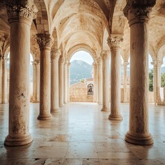 showcasing the elegant columns of Klis Church, with a beautiful view of the interior that emphasizes the historic architecture and the calming ambiance of the sacred space
