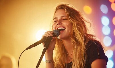 A young woman passionately singing into a microphone on stage.