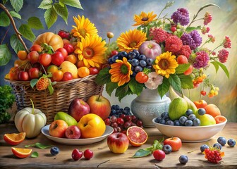 Vibrant Summer Still Life Oil Painting: Fruits, Flowers, White Background