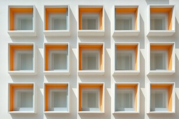 The building has a lot of windows, and the windows are white and orange