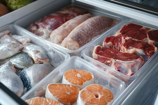 Different frozen meat and fish products in fridge, closeup