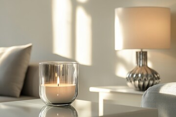 A candle is lit in a glass jar on a table in a living room