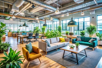 Naklejka premium Modern Coworking Space Design: Eye-Level Shot of Stylish Office Interior, Shared Workspace, Collaborative Environment