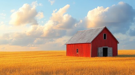 Obraz premium Red barn, golden field, cloudy sky.