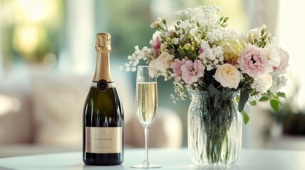 champagne bottle placed on a white table, accompanied by a glass vase filled with beautiful flowers, creating an atmosphere of elegance and joy