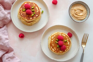 Two plates of pancakes with raspberries on top and a fork next to them