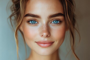Fototapeta premium Young woman with blue eyes and wavy hair smiling against a blue background in natural lighting