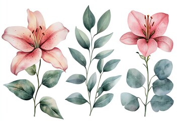 Watercolor illustration of pink lilies and eucalyptus leaves on white background.