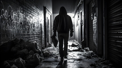 Dark Urban Alleyway Roaming Hooded Criminal Carrying Stolen Goods