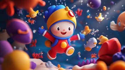 Joyful cartoon astronaut exploring vibrant underwater world, surrounded by colorful sea creatures and coral.