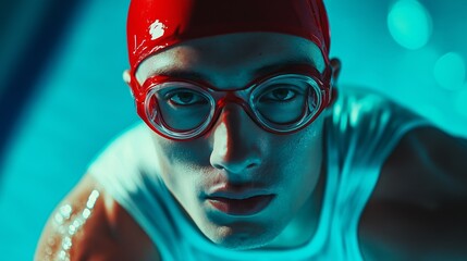 In a striking blue pool environment, a dedicated young man wearing a red swim cap and goggles showcases intense concentration as he gears up for a competitive swim. His determination is evident