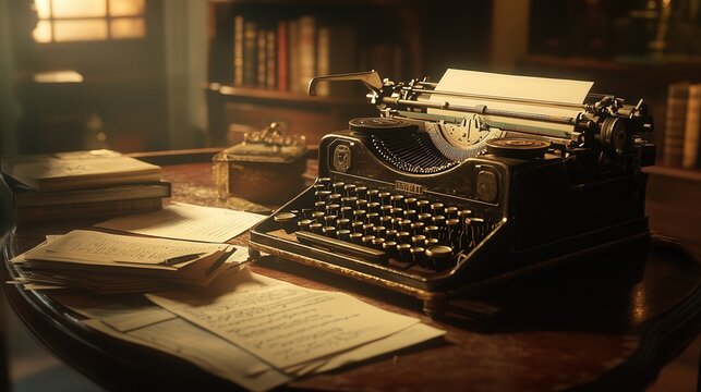 vintage typewriter surrounded by documents on a table, the warm lighting bringing out the textures and shadows