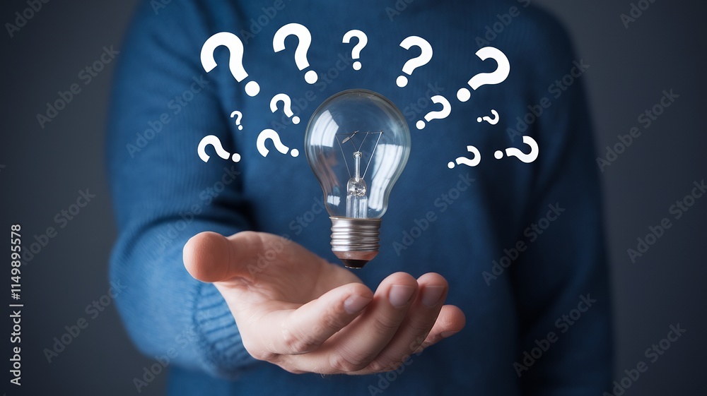 Poster businessman holding glowing light bulb with question marks: creative thinking, problem solving, inno