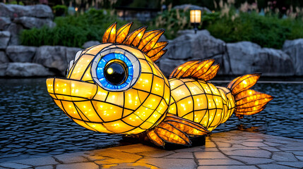 vibrant illuminated fish sculpture with intricate details, glowing in warm yellow tones, surrounded by serene water setting and rocky landscape, creating magical atmosphere