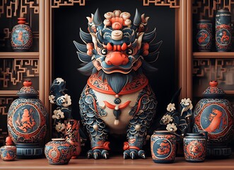 Statue of a Dragon with Various Vases.

