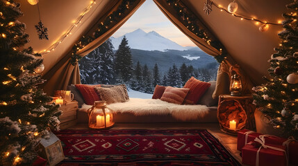 Christmas Glamping background interior camping cozy tent with views of snowy trees and winter rolling hills mountains teams backdrop. Fun for virtual online presentation remote video call meeting.