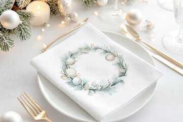 A white napkin with a wreath design on it is placed on a white plate