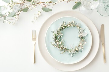 A white plate with a wreath of flowers on it is set on a table with a fork