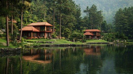 Obraz premium Serene Lake Retreat Amidst Lush Greenery