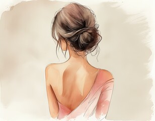 A woman with a bun hairstyle is drawn in a pink dress