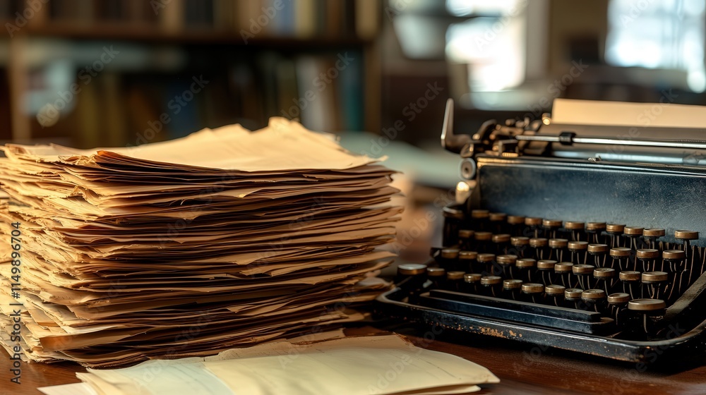 Fototapete typewriter and a stack of documents on a table, captured in close-up to show the intricate details o