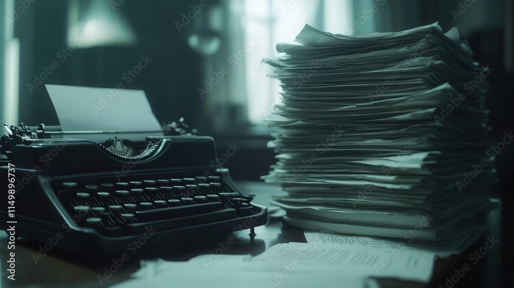 Fototapete typewriter and a stack of documents on a table, captured in close-up to show the intricate details o