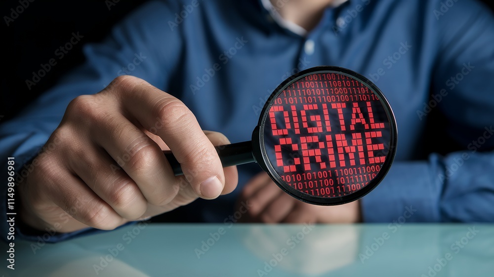 Poster businessman analyzes binary code with magnifying glass, digital crime, hacker concept, investigation