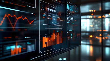 Digital Dashboard with Business Success Indicators and Growth Charts in Modern Office