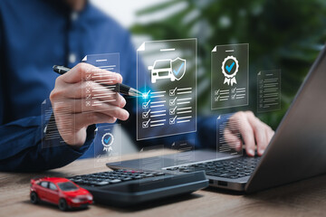Car insurance documents online, Certificate quality, Checklist concept, Businesswoman check mark...