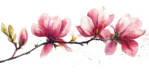 Watercolor painting of pink magnolia blossoms on a branch with a white background.