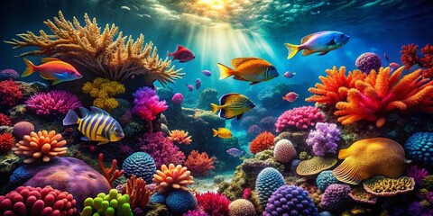 Vibrant Underwater Coral Reef Scene: Snorkeling & Diving in Low Light