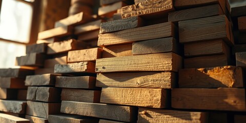 Sunlit Stack of Planed Lumber Ready for Construction Projects