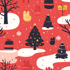 Holiday themed illustration features Christmas trees, snow, and festive decorations on a vibrant red background