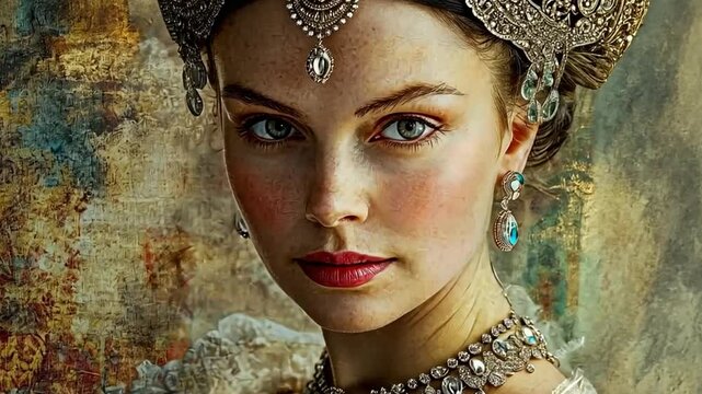 This stunning image showcases a beautiful woman adorned in exquisite jewelry. The artistic backdrop enhances her allure and charm. Perfect for creative projects. Generative AI