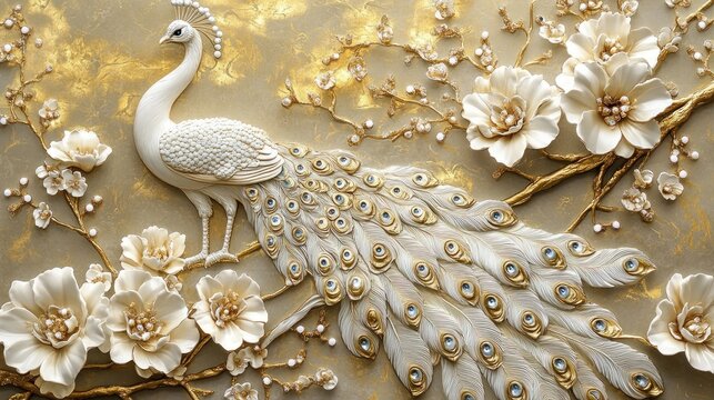 Fototapeta White peacock with gold and pearl accents amidst ornate flowers.