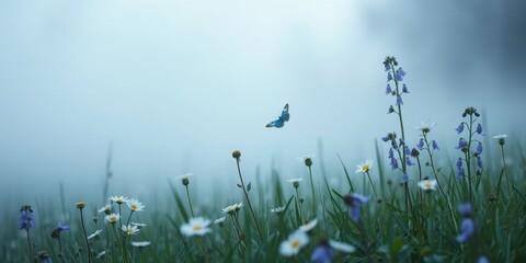 A serene misty meadow scene with a blue butterfly gently soaring above a field of wildflowers