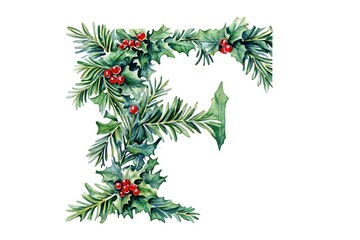Holiday font letter F as a festive winter season decorated garland as a Christmas or New Year seasonal alphabet lettering isolated on a white background.