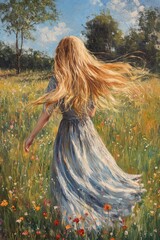 Blonde Woman in Flowing Dress Amidst Summer Meadow