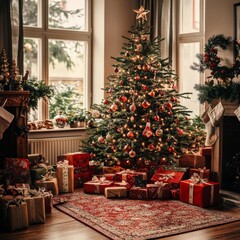 Christmas Tree Decorated with Ornaments and Presents